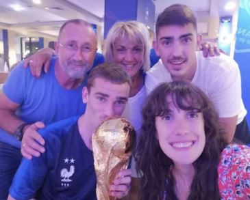 Isabelle Griezmann with her husband Alain Griezmann and children after France won 2018 FIFA World Cup